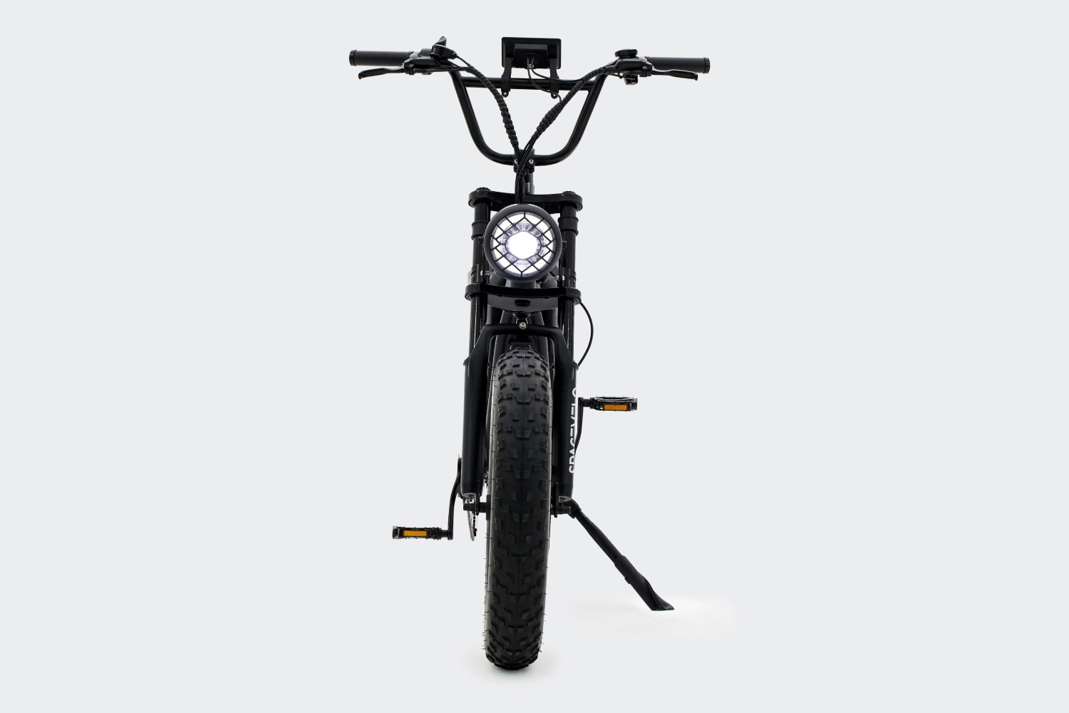 Front view of SPACEVELO Blitz S1 in black, featuring its distinctive headlight and handlebar setup, ready for any road or trail.