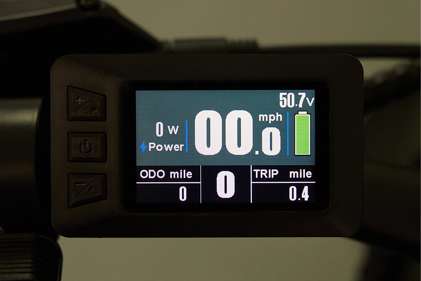 Detailed view of the SPACEVELO electric bike's digital dashboard displaying speed, power output, and battery life.