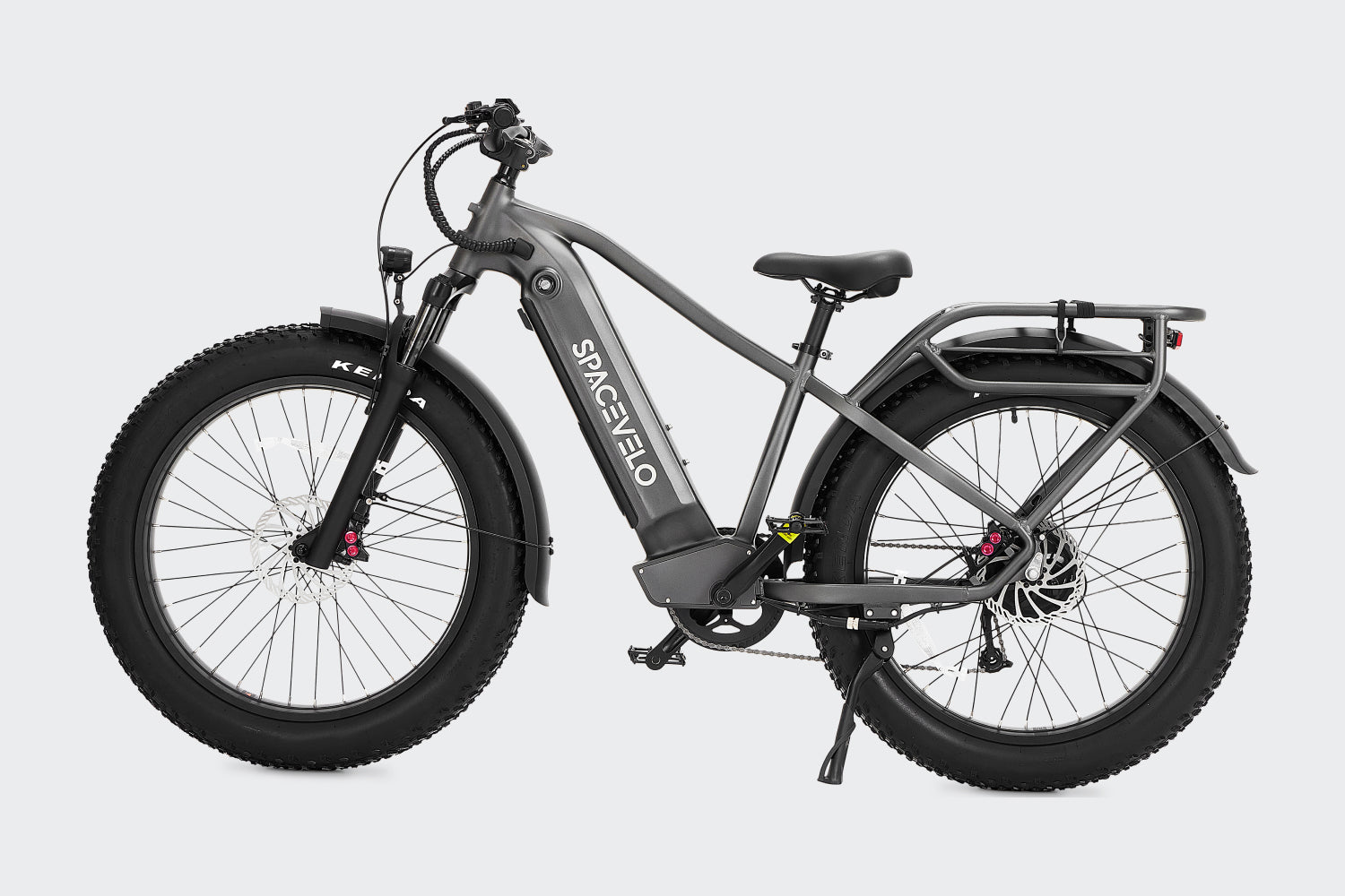 Full side view of grey SPACEVELO Terra X1 mountain electric bike with fat tires and rear rack.