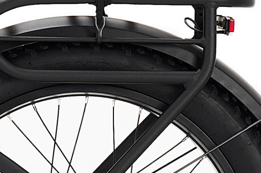 The robust rear rack of the SPACEVELO Terra X1 electric mountain bike, designed for carrying extra gear on adventures.