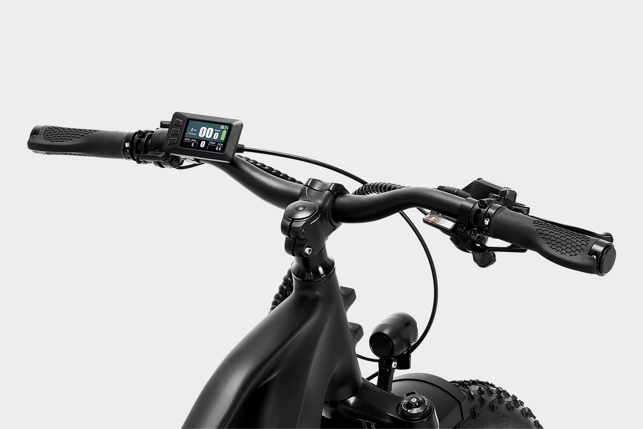 Detailed view of the Terra X1 grey electric bike's handlebar with controls and grips, emphasizing ergonomic design.