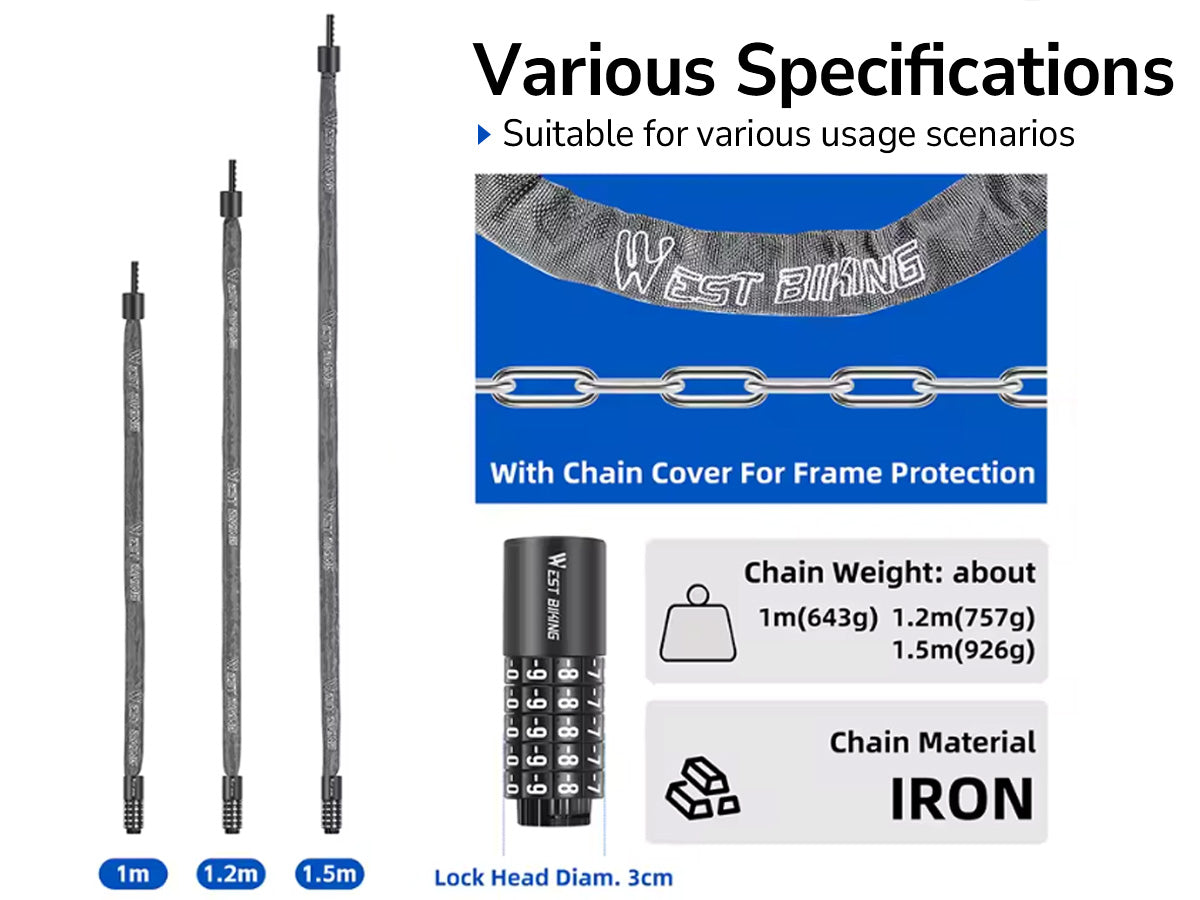 Designed for SpaceVelo Blitz S1, this 5-digit combination chain lock features cut-resistant A3 iron and keyless security. Its 1m-1.5m length options provide flexible locking, while ABS coating prevents scratches. The perfect portable guardian for your e-bike, ensuring peace of mind during urban rides.