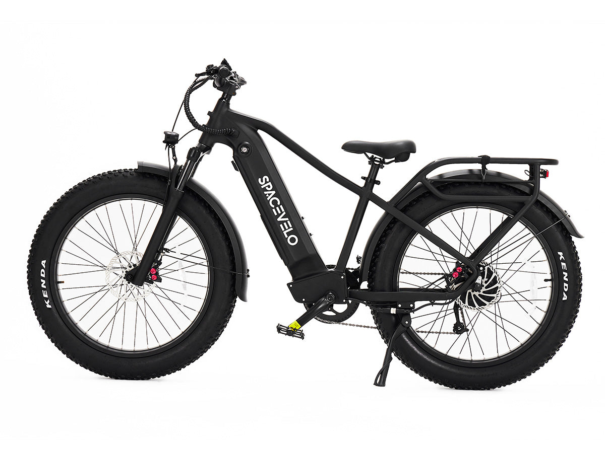 The SPACEVELO Terra X1 is a premium all-terrain electric bike built for adventure and daily commuting. Powered by a robust 48V 750W rear hub motor with 90N.M torque, it delivers smooth acceleration on any terrain. The high-capacity 48V 20Ah LG battery provides an impressive 60-mile range per charge. Featuring 120mm hydraulic suspension, 26x4.0" Kenda fat tires, and Zoom hydraulic disc brakes, it handles city streets and off-road trails with ease. Practical features include a 150LB rear rack capacity, 8-spee