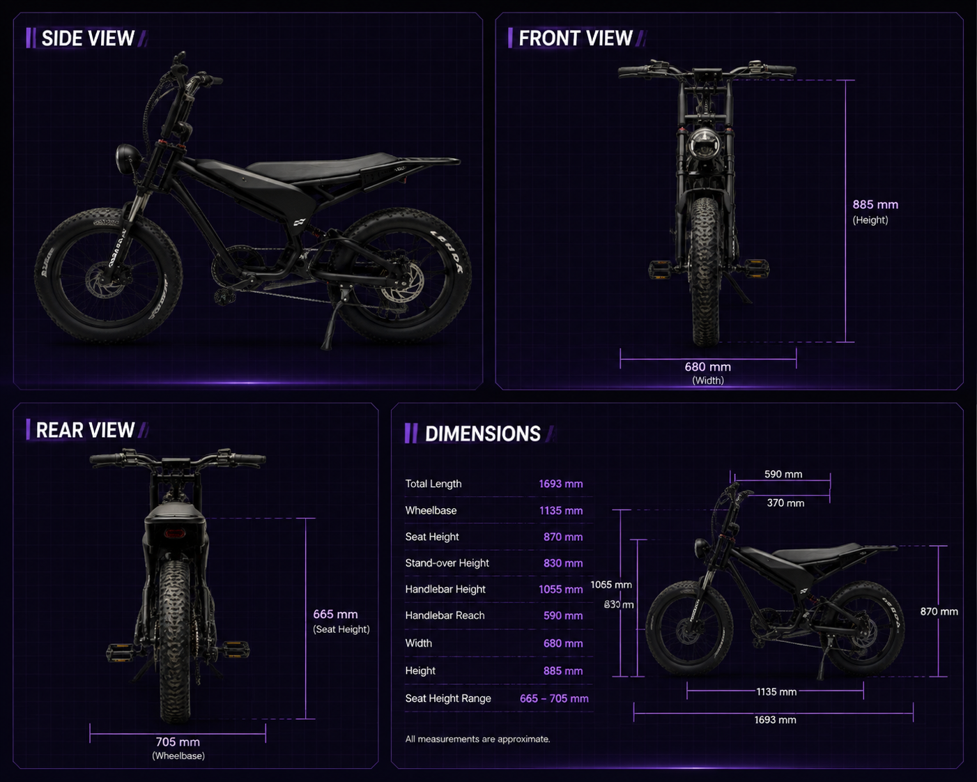 Spacevelo S1 size and fit diagram with side, front and rear views plus dimensions